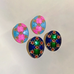 Vintage Enamel Flower Oval Stud Earrings Copper With 925 Sterling Silver Earring Post French Court Style For Women