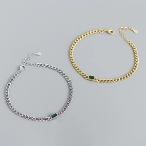 Elegant S925 silver curb chain bracelets with emerald green stones in gold and silver finish