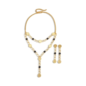 Golden double-layer coin necklace and matching drop earrings with black beads for women