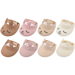 Kids straw sun visor hats with bunny ears and cat embroidery in various colors