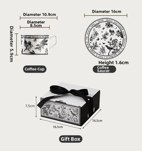 Detailed dimensions of retro ceramic coffee cup set with floral pattern and gift box