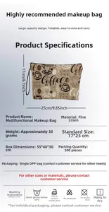 Detail of coffee gnome cosmetic bag showing fine linen fabric and 17x25cm dimensions