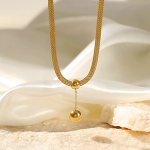 Minimalist Stainless Steel Woven Mesh Chain Necklace With Double Ball Pendants Gold Plated Geometric Jewelry For Women