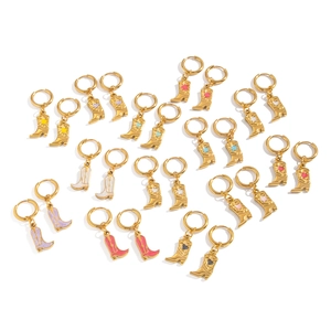 Gold stainless steel cowboy boot earrings with colorful enamel star and heart patterns