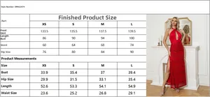 Detailed size guide table for this elegant sequin halter evening gown in red color