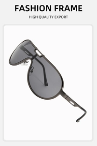 Detail of grey one-piece oversized sunglasses with black metal temples and modern industrial look