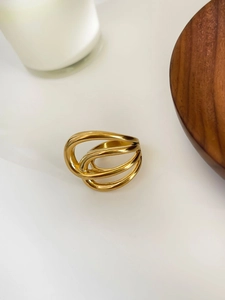 Macro shot of minimalist 18K gold multi-loop intertwined stainless steel ring for women
