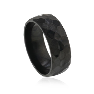8mm black hammered titanium steel ring for men with minimalist hexagonal multi-faceted design