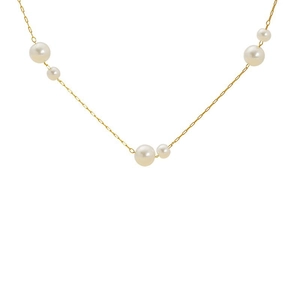 Élégant collier en perles d'eau douce dorées au design minimaliste sur fond blanc