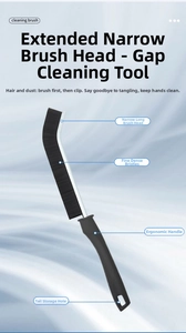 Detail of ergonomic long handle crevice cleaning brush with stiff bristles and hanging hole