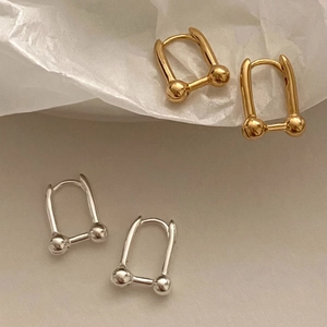 925 Sterling Silver U-Shaped Stud Earrings Industrial Style Geometric Link Ball End High Polished Minimalist For Women