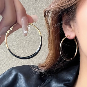 Minimalist large gold-plated hoop earrings with black enamel finish for women