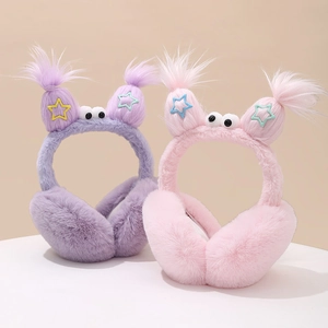 Funny plush earmuffs set in pink and purple with cute eyes and braids for winter warmth