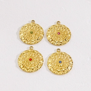 Hammered flower pendants in 14K gold plated stainless steel with colorful rhinestones