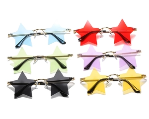 Top view of star-shaped rimless sunglasses in six vibrant colors on white background