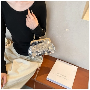 Detail of silver sequin evening bag with elegant metal frame and delicate chain strap
