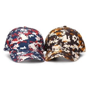 Front view of pixelated digital camouflage baseball caps in blue and orange color schemes