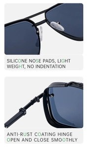 Detail of silicone nose pads and anti-rust hinges on square frame sunglasses
