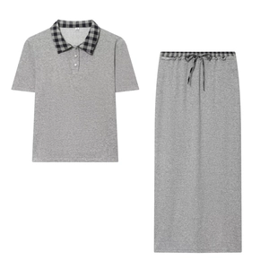 Women Contrast Plaid Polo Top And Maxi Skirt Outfits Knitted Patchwork Rhinestone Button Slit Casual Preppy Style