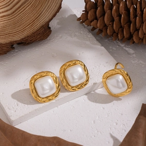 Vintage Square Artificial Pearl Stud Earrings And Ring Stainless Steel Waterproof Hypoallergenic Elegant Jewelry For Women