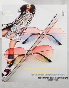 Detail of heart-shaped metal sunglasses with colorful gradient lenses on a magazine