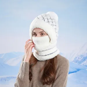 Winter knitted hood hat with fleece lining and argyle pattern for outdoor warmth