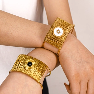 Luxury 18k gold plated wide woven stainless steel bangles with natural stones for women