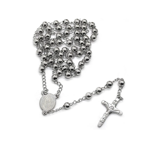 Vintage 6mm silver stainless steel rosary necklace with cross pendant on white background