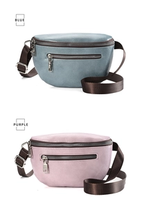 Detailed close-up of blue and purple casual chest bags with metallic zippers and nylon straps