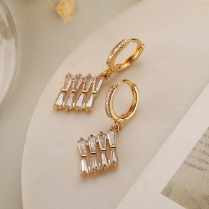 Elegant 18K gold plated drop earrings with geometric clear zircon stones on stone base