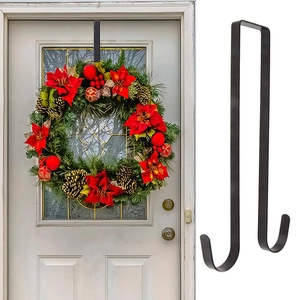 Detail of a black metal over-the-door wreath hook showing both usage and solo view