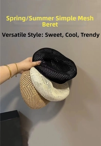 Detail view of hollow mesh knit berets in black, beige, and khaki with breathable design
