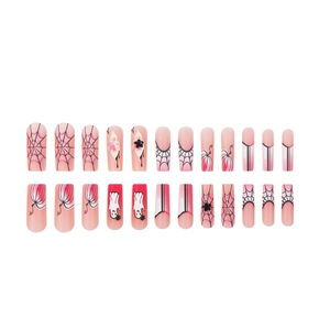 Halloween long coffin press-on nails set with pink gradient, spider webs, and ghosts