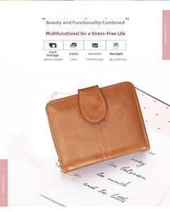 Detailed view of caramel brown bifold leather wallet showing card slots and gold zipper