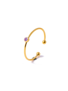 Detailed macro of gold plated ring with purple zircon stone and circular settings