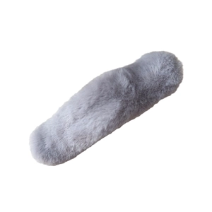 Fuzzy grey plush hair clip for women featuring long strip design on a clean white background
