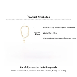 Detail specifications of layered pearl necklace with rhinestone cross pendant and dimensions