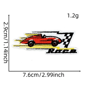 Detail showing dimensions of red race car embroidery patch with checkered flag