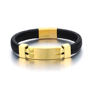 Men's black braided leather bracelet with a polished gold-tone metal plate and clasp