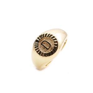 Macro shot of gold-plated signet ring featuring a textured letter D initial detail