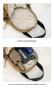 Internal view of the khaki nylon chest bag showing organized storage and zipper pocket