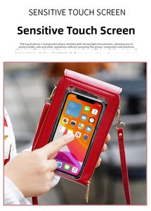Close-up of a red crossbody phone bag with a sensitive touch screen window for easy operation