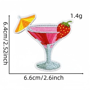 Detail view of cocktail glass embroidered patch with precise dimension and weight labels