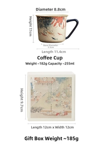 Detailed view of hand-painted koi and lotus ceramic coffee cup with elegant gift box