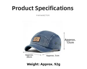 Blue denim 5-panel baseball cap dimensions with brown leather patch and metal ring detail