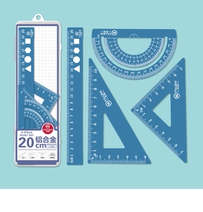 Blue 20cm aluminum alloy ruler set with 4 pieces including protractor and triangle