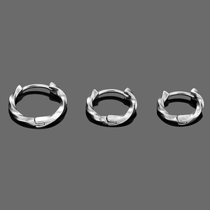 Three pairs of twisted silver 316L stainless steel hoop earrings in varying sizes