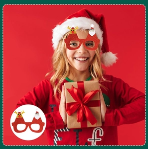 Detail of Christmas party glasses featuring festive red sequins and Santa Claus deer motifs