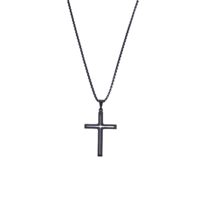 Black hollow cross pendant necklace in stainless steel with a matching box chain for unisex