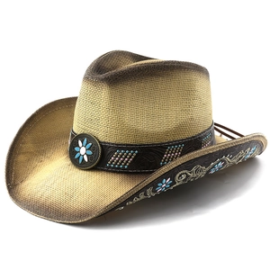 Western straw cowboy hat with embossed leather band and floral turquoise metal buckle